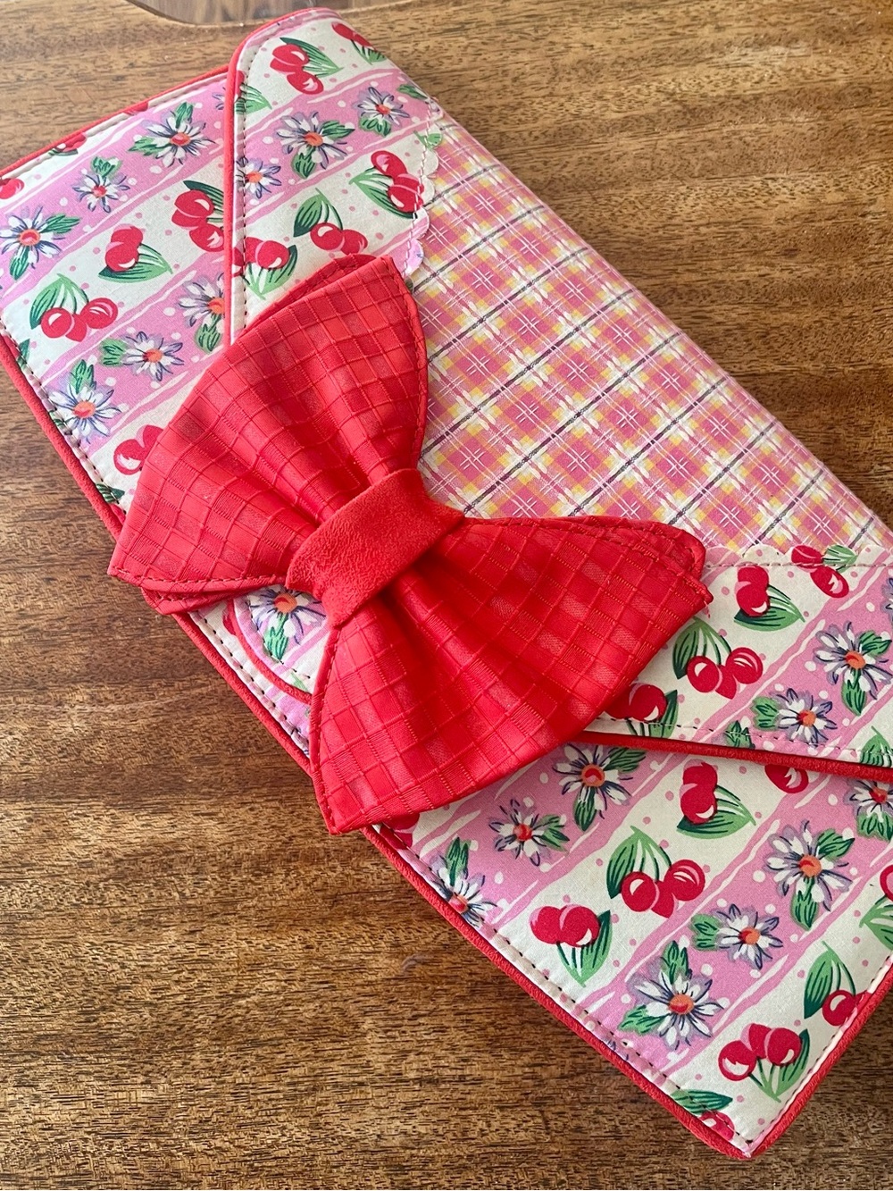 Irregular Choice polka dot Cherry print clutch purse with red bow
